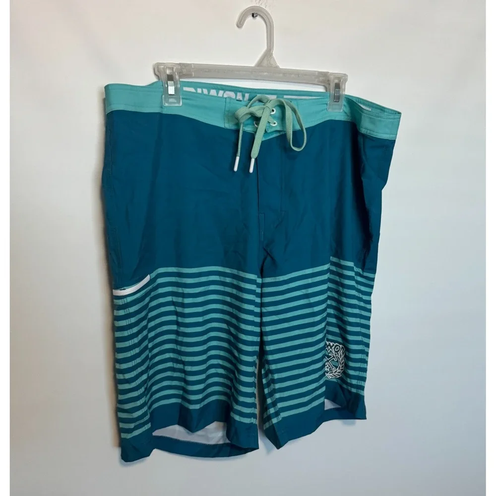 Dixxon Board Shorts Mens 38 Blue Teal Striped Swim Trunks Bathing Suit Beach